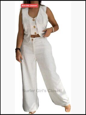 2 Piece Outfit Summer V Neck Crop Tank Vest Wide Leg Linen Pants Matching Set